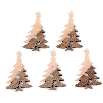 Opaque Resin & Walnut Wood Pendants, Christmas Tree, Light Salmon, 38x25x3mm, Hole: 2mm