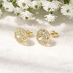 Ring with Tree of Life Pattern Brass Micro Pave Clear Cubic Zirconia Stud Earrings, Pave Cluster Earring for Women, Cadmium Free & Lead Free, Long-Lasting Plated, Real 18K Gold Plated, 12mm(EJEW-G460-02G)