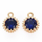Brass Micro Pave Cubic Zirconia Charms, Nickel Free, Real 18K Gold Plated, Faceted Flat Round, Dark Blue, 9x7x4mm, Hole: 1.2mm(KK-S356-772H)
