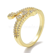 Brass Micro Pave Cubic Zirconia Cuff Rings, Long-Lasting Plated, Leaf, Golden, US Size 6 3/4(17.1mm)(RJEW-G310-14G)
