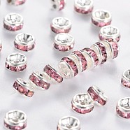 Brass Grade A Rhinestone Spacer Beads, Silver Color Plated, Nickel Free, Rose, 10x4mm, Hole: 2mm(RSB039NF-07)
