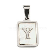 304 Stainless Steel Pave Natural White Shell Pendants, Rectangle with Letter Charms, Stainless Steel Color, Letter Y, 17.5x12x1.5mm, Hole: 6x3mm(STAS-S130-03P-Y)