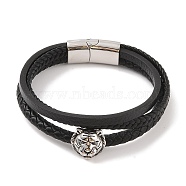 Braided Microfiber Leather Multi-strand Bracelets, 304 Stainless Steel Bracelets for Men, Tiger, 8-5/8x1-1/8 inch(22x2.7cm), Pendant: 15.5x18mm.(BJEW-B096-21F)