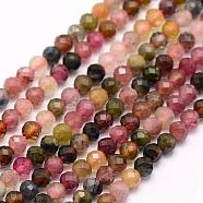 Natural Tourmaline Beads Strands, Faceted, Round, 4mm, Hole: 0.5mm, about 96pcs/strand, 15.5 inch(39.5cm)(G-F509-35-4mm)