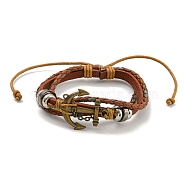 Braided PU Leather & Waxed Cords Multi-strand Bracelets, Alloy Beaded Bracelets, Anchor & Helm, Inner Diameter: 2-1/4~3-3/4 inch(5.7~9.5cm)(BJEW-P329-07B-AG)