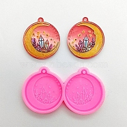 Flat Round with Crystal Cluster & Moon Phase & Moon Pendant Silicone Molds, Resin Casting Molds, for UV Resin & Epoxy Resin Jewelry Making, Hot Pink, 40x72x6mm, Hole: 2mm, Inner Diameter: 37x33mm(DIY-M034-10)