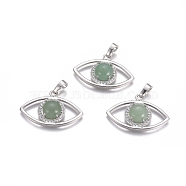 Natural Green Aventurine Pendants, with Platinum Tone Brass Findings and Crystal Rhinestone, Eye, 21.5x33.3x7.5mm, Hole: 7x5mm(G-L512-H09)