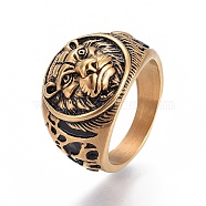 304 Stainless Steel Signet Rings for Men, Wide Band Finger Rings, Flat Round with Lion, Antique Golden, Size 7~12, 17~22mm(RJEW-O032-11AG)