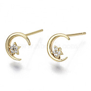 Brass Micro Pave Cubic Clear Zirconia Stud Earring Findings, with Loop, Nickel Free, Moon with Star, Real 18K Gold Plated, 8x7mm, Hole: 0.8mm, Pin: 0.7mm(KK-N232-117-NF)