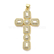 Brass Micro Pave Cubic Zirconia Pendants, with Shell, Real 18K Gold Plated, Cross, 47.5x27x4mm, Hole: 3.5mm(KK-K365-06A-G)