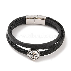 Braided Microfiber Leather Multi-strand Bracelets, 304 Stainless Steel Bracelets for Men, Tiger, 8-5/8x1-1/8 inch(22x2.7cm), Pendant: 15.5x18mm.(BJEW-B096-21F)