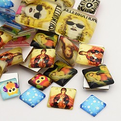 Mixed Style Photo Pattern Glass Cabochons, Square, Mixed Color, 15~33x15~30x5~7.5mm(GGLA-X0005)