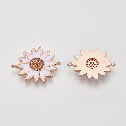 Brass Micro Pave Cubic Zirconia Links connectors, with White Enamel, Daisy Flower, Nickel Free, Real Rose Gold Plated, 20x25x2.5mm, Hole: 1mm(ZIRC-Q022-006RG-NF)
