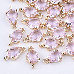 Transparent Glass Links connectors, with Brass Findings, Faceted, Teardrop, Light Gold, Pearl Pink, 13x7x3.5mm, Hole: 1.2mm(X-GLAA-T007-18G)