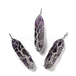 Natural Amethyst Big Pointed Pendants, Platinum Tone Copper Wire Wrapped, Cadmium Free & Lead Free, Bullet, 50.5x14.5x12mm, Hole: 5.5mm(G-I322-02P-05)