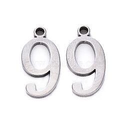 201 Stainless Steel Charms, Number, Laser Cut, Stainless Steel Color, Num.9, 15x8x1.5mm, Hole: 1.5mm(STAS-R108-09)