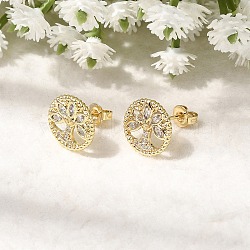 Ring with Tree of Life Pattern Brass Micro Pave Clear Cubic Zirconia Stud Earrings, Pave Cluster Earring for Women, Cadmium Free & Lead Free, Long-Lasting Plated, Real 18K Gold Plated, 12mm(EJEW-G460-02G)