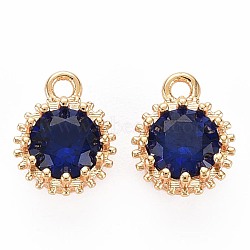 Brass Micro Pave Cubic Zirconia Charms, Nickel Free, Real 18K Gold Plated, Faceted Flat Round, Dark Blue, 9x7x4mm, Hole: 1.2mm(KK-S356-772H)