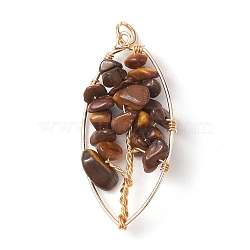 Natural Tiger Eye Chip Pendants, Golden Plated Brass Leaf Charms, 35~37x17~19x4.5~6.5mm, Hole: 3.3mm(PALLOY-JF02596-03)