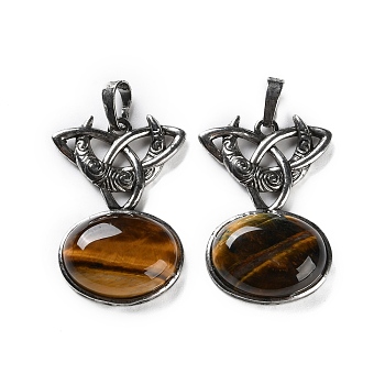 Natural Tiger Eye Pendants, with Brass Findings, Lead Free & Cadmium Free, Moon with Oval, 34x24x6mm, Hole: 6.5x5mm