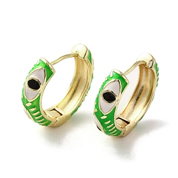 Horse Eye Real 18K Gold Plated Brass Hoop Earrings, with Enamel, Lime Green, 22~22.5x6mm