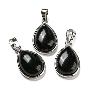 Natural Obsidian Pendants, Teardrop Charms with Platinum Plated Brass Snap on Bails, 24x15x7.5mm, Hole: 4x8mm