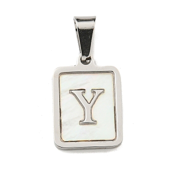 304 Stainless Steel Pave Natural White Shell Pendants, Rectangle with Letter Charms, Stainless Steel Color, Letter Y, 17.5x12x1.5mm, Hole: 6x3mm