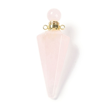 Natural Rose Quartz Faceted Cone Openable Perfume Bottle Big Pendants, with 304 Stainless Steel Findings, Golden, 49.5~51.5x18.5x18.5mm, Hole: 1.8mm