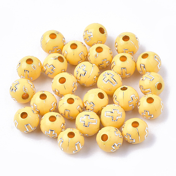 Plating Acrylic Beads, Silver Metal Enlaced, Round with Cross, Gold, 8mm, Hole: 2mm, about 1800pcs/500g