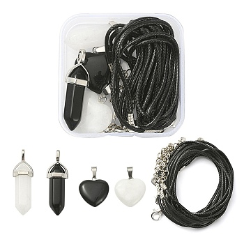 DIY Stone Pendant Necklace Making Kit, Including Heart & Bullet Natural White Jade & Black Stone Pendants, Waxed Cotton Cord Necklace Making, 8Pcs/box