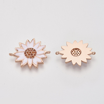 Brass Micro Pave Cubic Zirconia Links connectors, with White Enamel, Daisy Flower, Nickel Free, Real Rose Gold Plated, 20x25x2.5mm, Hole: 1mm