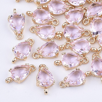 Transparent Glass Links connectors, with Brass Findings, Faceted, Teardrop, Light Gold, Pearl Pink, 13x7x3.5mm, Hole: 1.2mm