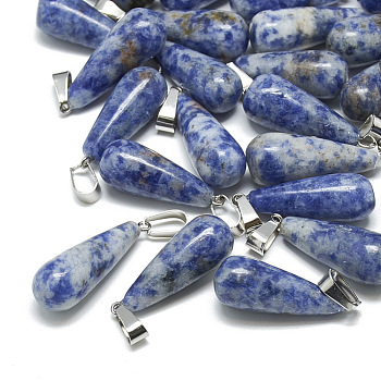 Natural Blue Spot Jasper Pendants, with Stainless Steel Snap On Bails, teardrop, 28~30x10~12mm, Hole: 6x4mm