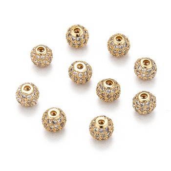 Brass Cubic Zirconia Beads, Round, Golden, 6mm, Hole: 1.5mm