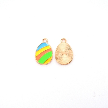 Zinc Alloy Enamel Pendants, Light Gold, Anti Lost Pendant, for Easter, Egg with Stripe, Colorful, 22x14.5x1.5mm, Hole: 2.4mm