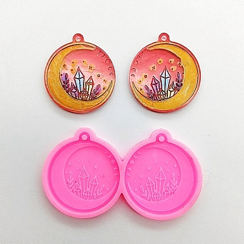 Flat Round with Crystal Cluster & Moon Phase & Moon Pendant Silicone Molds, Resin Casting Molds, for UV Resin & Epoxy Resin Jewelry Making, Hot Pink, 40x72x6mm, Hole: 2mm, Inner Diameter: 37x33mm