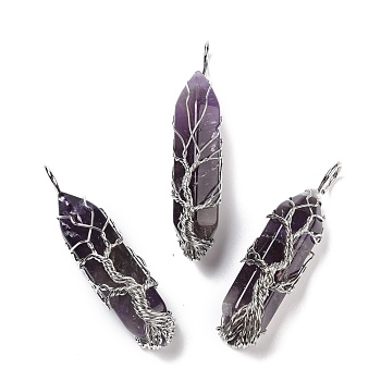 Natural Amethyst Big Pendants, Platinum Tone Copper Wire Wrapped, Cadmium Free & Lead Free, Bullet, 50.5x14.5x12mm, Hole: 5.5mm