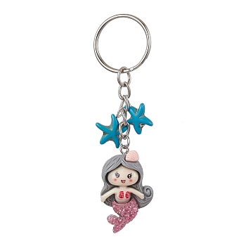 Mermaid Opaque Resin Pendant Keychain, with Starfish Synthetic Turquoise and Iron Split Key Rings, Light Grey, 9.2cm