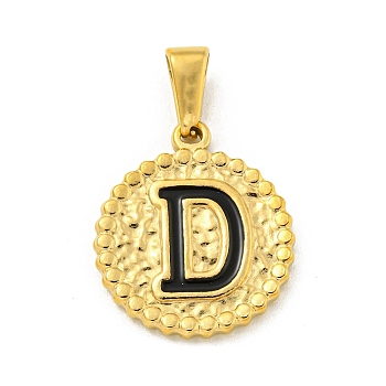 Ion Plating(IP) 304 Stainless Steel Enamel Pendants, Golden, Flat Round with Letter Charm, Letter D, 21x18x2mm, Hole: 8x3.5mm