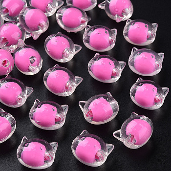 Transparent Acrylic Beads, Bead in Bead, Cat, Hot Pink, 16x18.5x14.5mm, Hole: 3.5mm, about 196pcs/500g