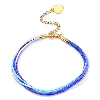 Segment Dyed Polyester Threads Multi-strand Bracelets, with Golden Plated 304 Stainless Steel Heart Charms and Lobster Claw Clasps, Blue, 7-5/8 inch(19.3cm)