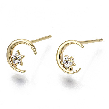 Brass Micro Pave Cubic Clear Zirconia Stud Earring Findings, with Loop, Nickel Free, Moon with Star, Real 18K Gold Plated, 8x7mm, Hole: 0.8mm, Pin: 0.7mm