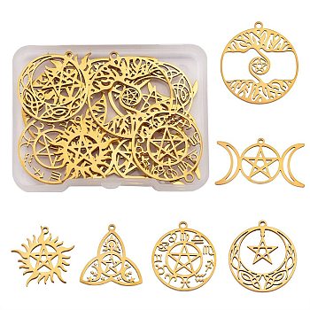 12Pcs 6 Style 304 Stainless Steel Pendants, Mixed Shape, Real 18K Gold Plated, 19~32x25~35x1~2mm, Hole: 1.2~1.5mm, 2pcs/style