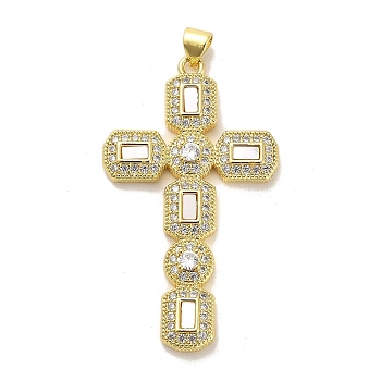 Brass Micro Pave Cubic Zirconia Pendants, with Shell, Real 18K Gold Plated, Cross, 47.5x27x4mm, Hole: 3.5mm