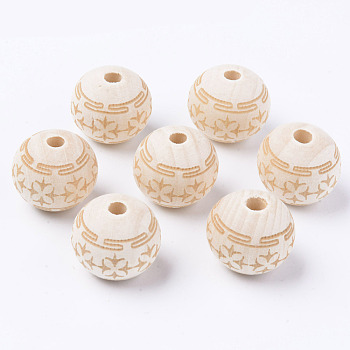 Unfinished Natural Wood European Beads, Large Hole Beads, for DIY Painting Craft, Laser Engraved Pattern, Round with Flower Pattern, Antique White, 20x18mm, Hole: 4mm