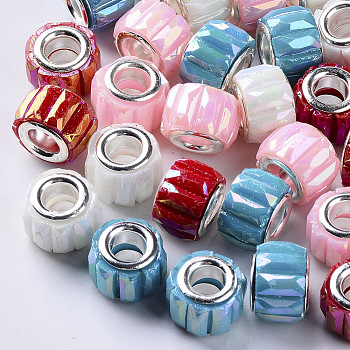 Opaque Resin European Beads, Large Hole Beads, with Silver Color Plated Double Brass Cores, Faceted, AB Color Plated, Column, Mixed Color, 11.5x8mm, Hole: 5mm