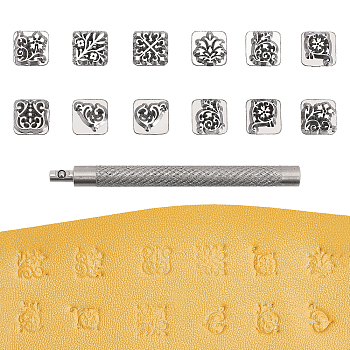 45# Steel Leathercraft Stamp Tool Sets, Flower Pattern, Stamp Tip: 1.05x1.05x1.3cm, Hole: 4.5mm, Stamp Handle: 94x8.3mm