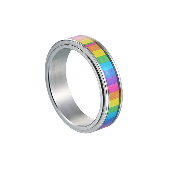 Rainbow Color Pride Flag Enamel Rectangle Rotating Ring, Stainless Steel Fidge Spinner Ring for Stress Anxiety Relief, Stainless Steel Color, US Size 11(20.6mm)