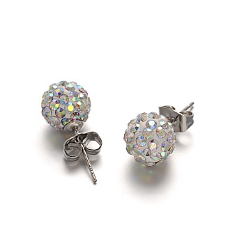 Polymer Clay Rhinestone Ball Stud Earrings, with Stainless Steel Stud Earring Findings, Stainless Steel Color, Crystal AB, 10mm, Pin: 0.8mm
