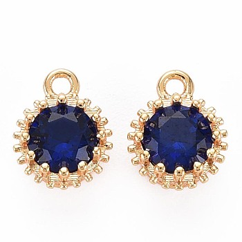 Brass Micro Pave Cubic Zirconia Charms, Nickel Free, Real 18K Gold Plated, Faceted Flat Round, Dark Blue, 9x7x4mm, Hole: 1.2mm